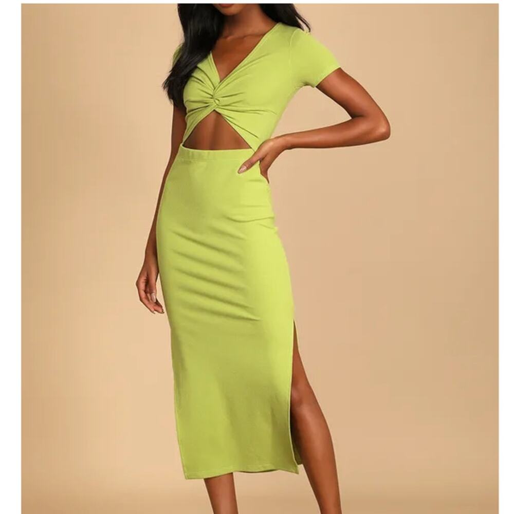 Lulus Green Ribbed Twist Front Cutout Midi Dress Size Medium